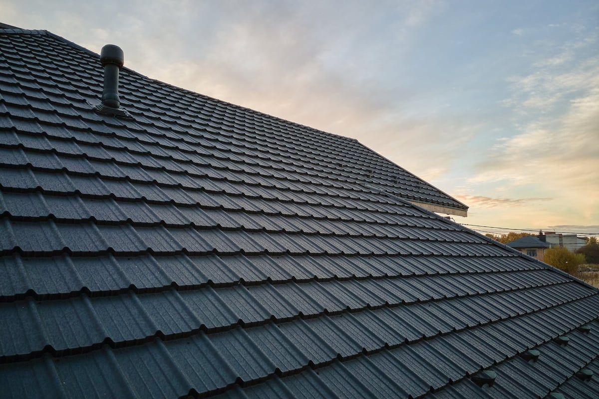 Close-up of a textured stone-coated shingle roof
