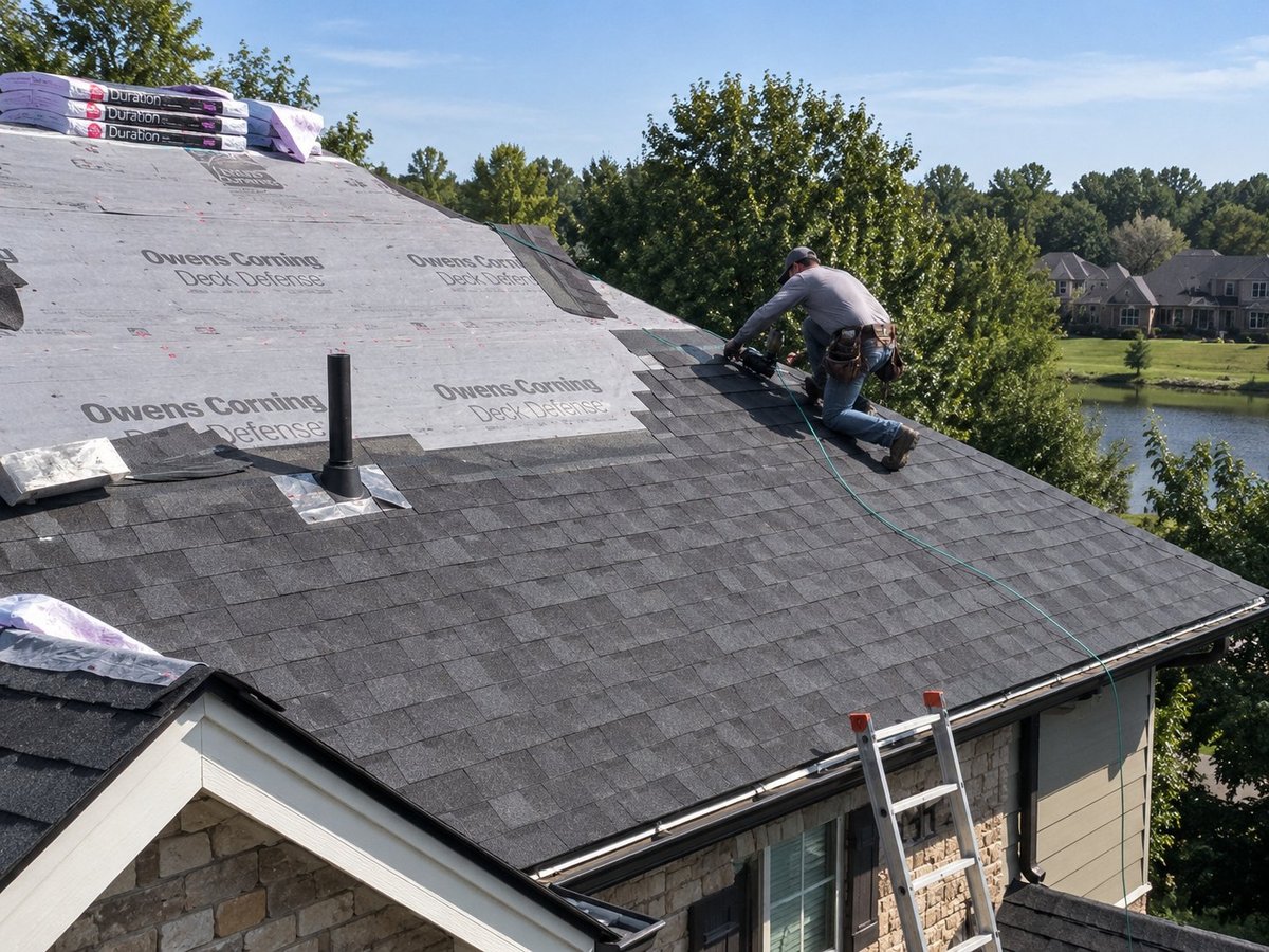 Worker installing dark shingles on a residential roof with a waterfront neighborhood in the background