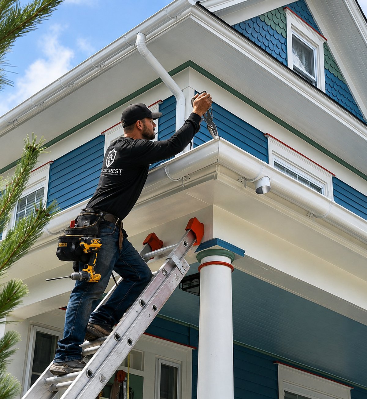 Construction worker on ladder installing or repairing gutter on a two-story house