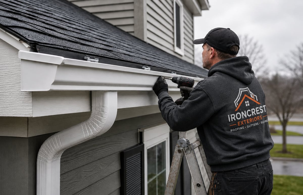 Worker in Ironcrest Exteriors uniform installing a gutter system on a residential house