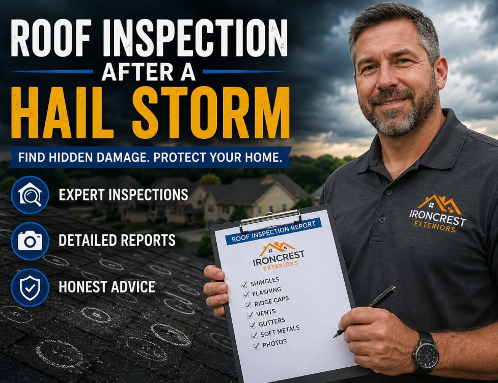 Man in dark shirt holding roof inspection checklist with stormy sky background, advertising hail damage inspection services