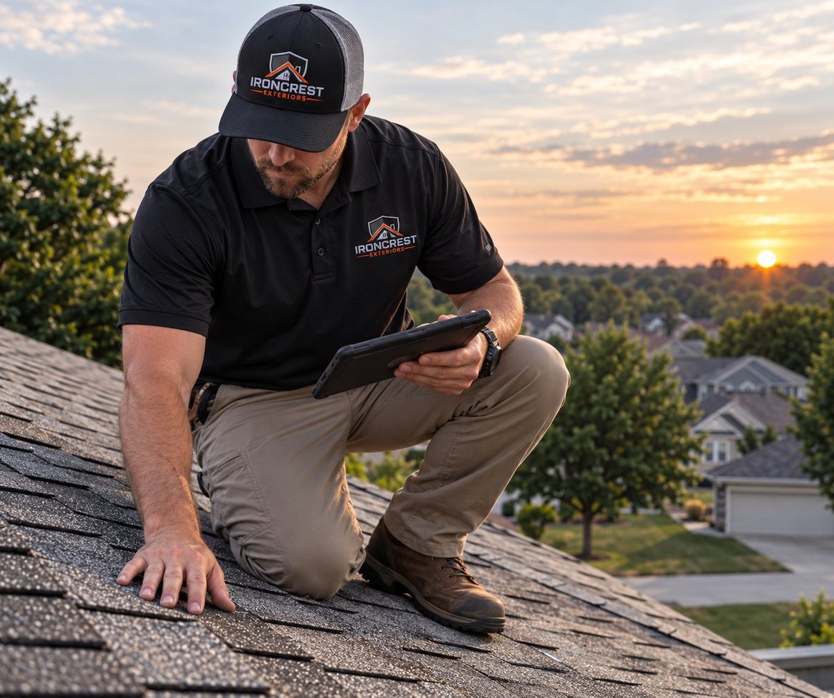 Inspector in black Ironcrest polo and cap crouching on a residential roof examining shingles at sunset with suburban homes in the background