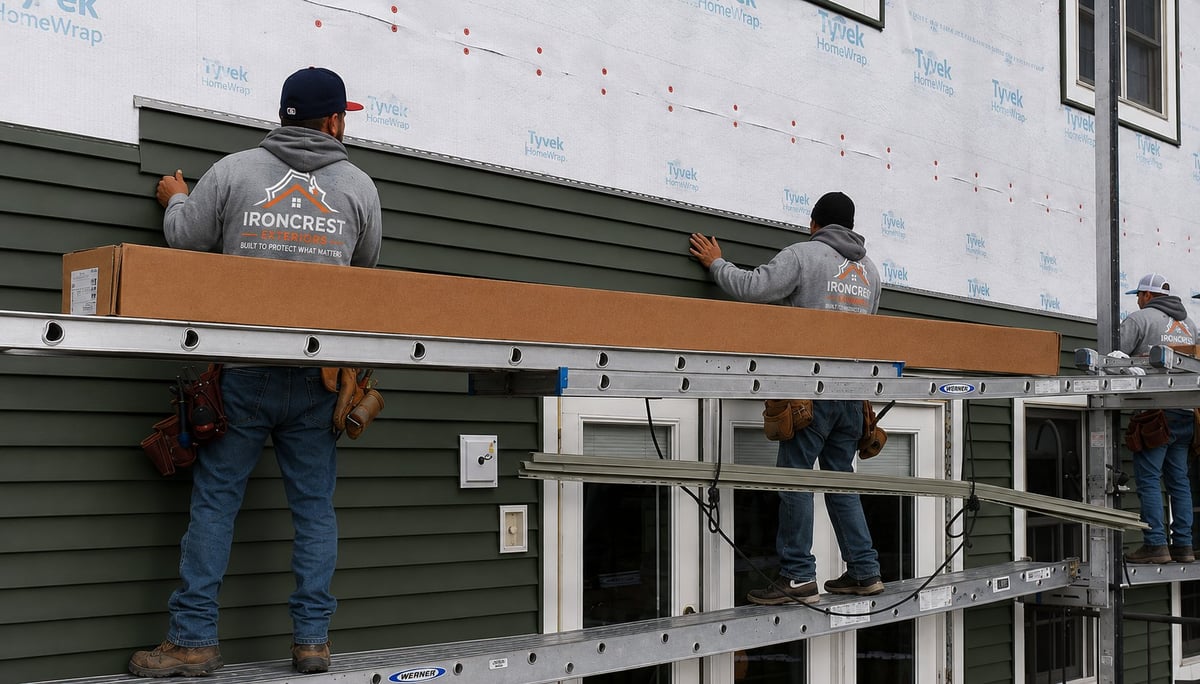 Two workers installing exterior siding and trim on the upper level of a green-paneled house using scaffolding