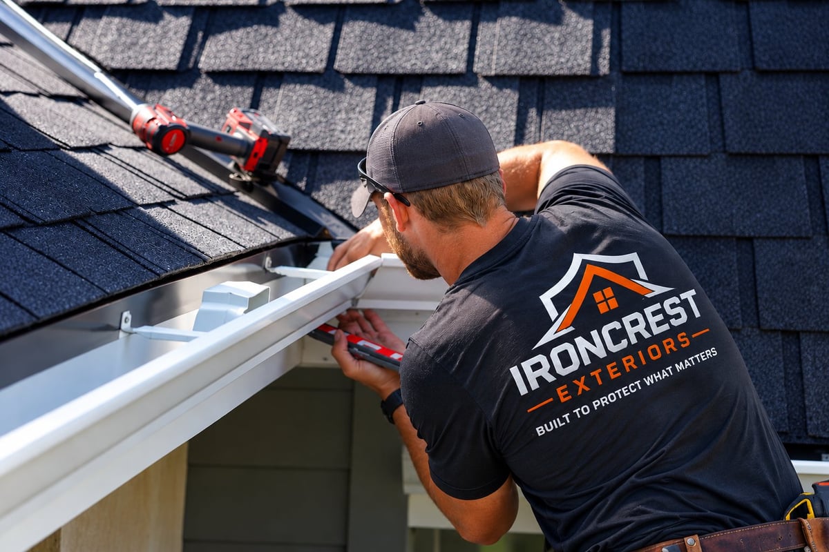 Ironcrest Exteriors installer attaching a white seamless gutter along a shingle roof eave