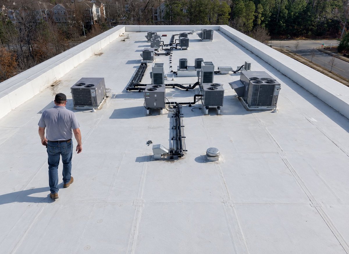 Technician walking on flat commercial roof with HVAC units and ductwork installation