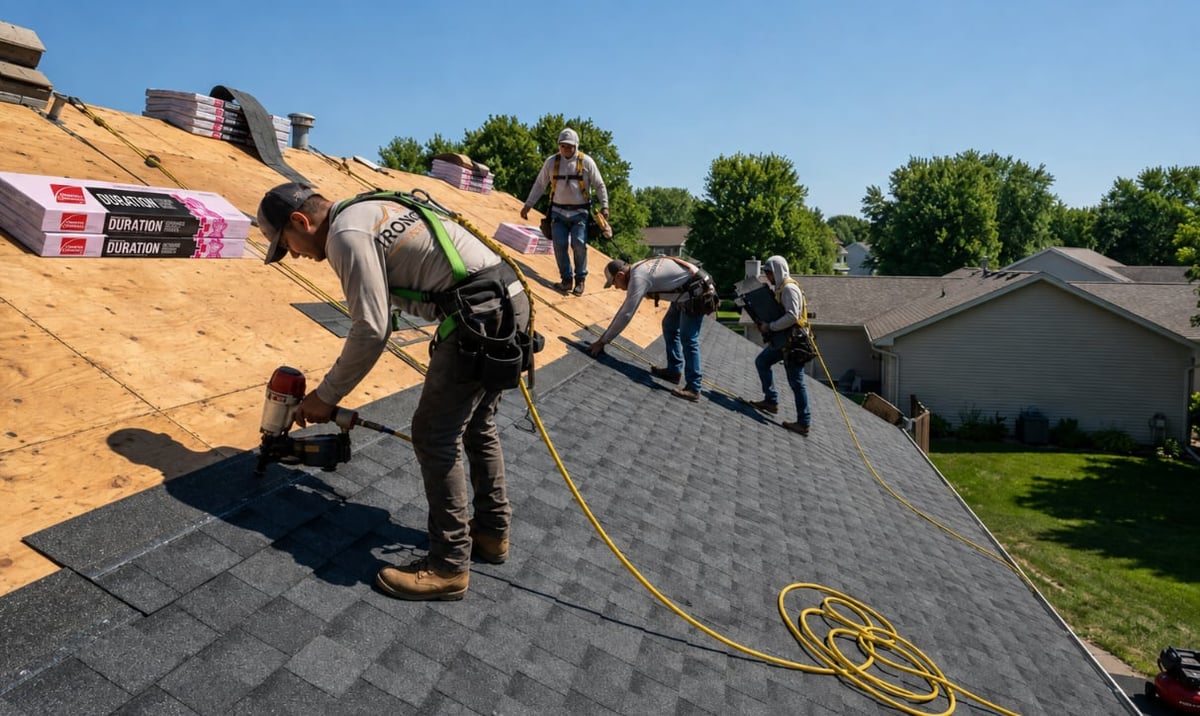 Roofers installing dark shingles on a residential roof with safety equipment and exposed wooden framing visible