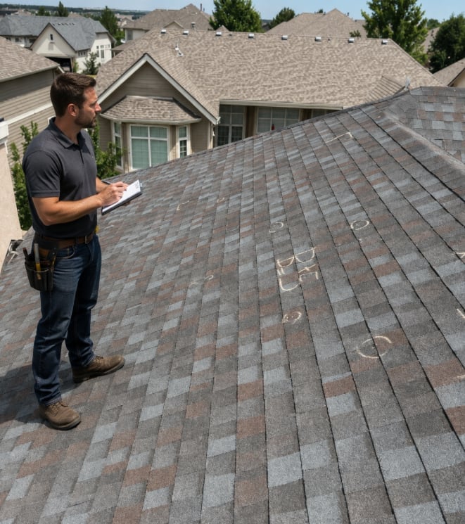 Home inspector standing on residential roof examining shingles with clipboard in suburban neighborhood