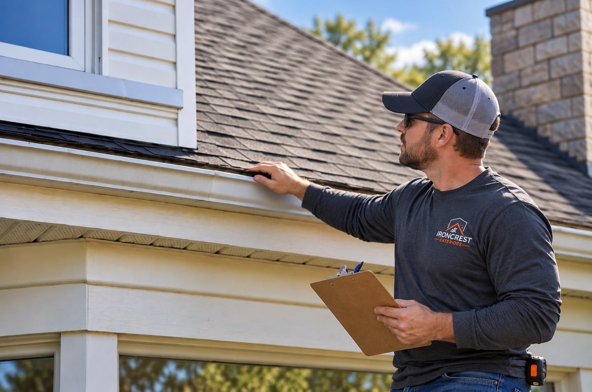 Ironcrest inspector examining roof gutter and siding with clipboard for a home inspection assessment